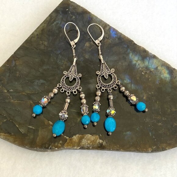 Sterling Silver 925 Blue Glass Beaded Filigree Fringe Chandelier Dangle Earrings - Picture 5 of 15